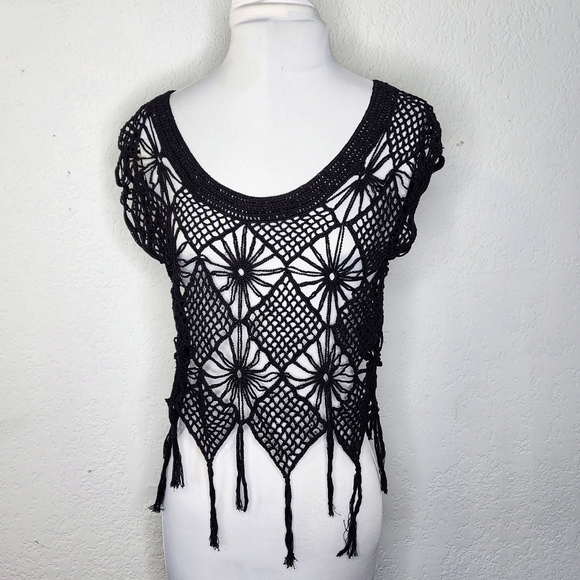 All Saints Tops - All Saints Cropped Crochet Carnolia Black Top Sz 8 Hanging Tassels Fringe Boho